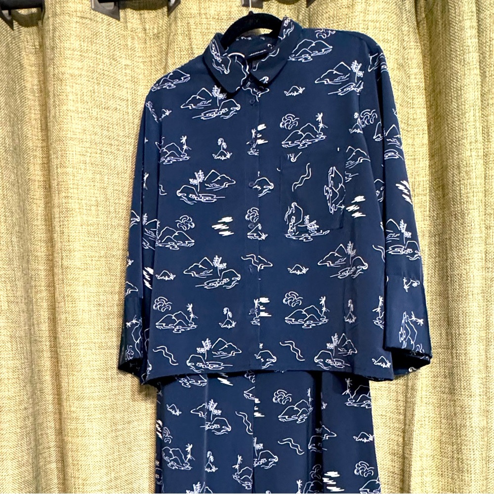 Monki Navy Island Print cropped matching set - wide leg pants and blouse.